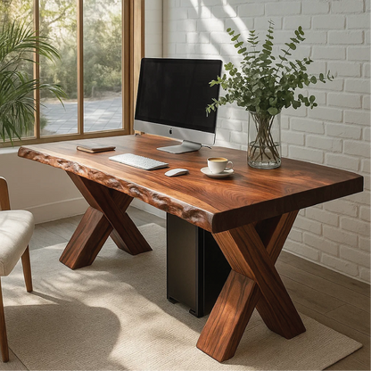 Handcrafted Solid Wood Work Desk – Live Edge Office Table with X-Leg Base and Natural Finish Lynnsnail