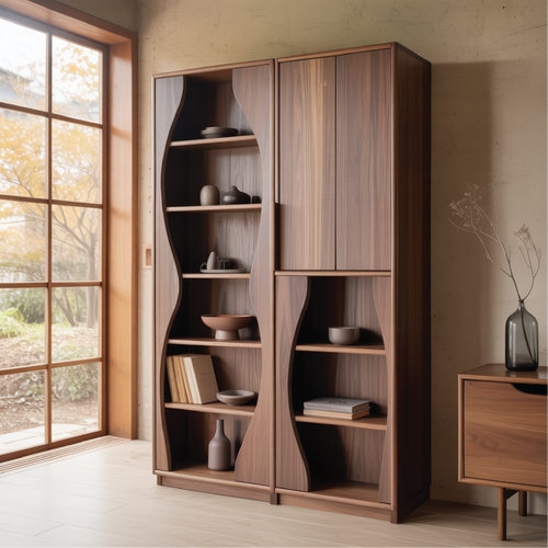 Handcrafted Solid Wood Dining Cabinet with Sculpted Curved Panels and Open Display Shelves Lynnsnail