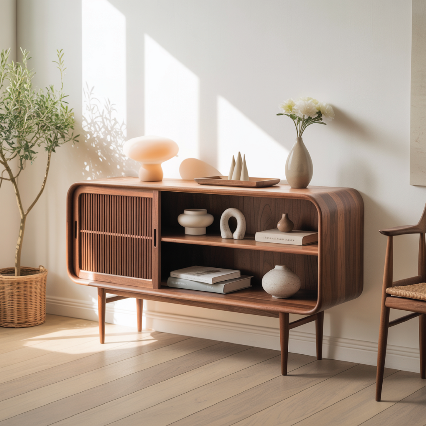 Solid Wood Console Table with Sliding Door – Handcrafted Mid-Century Storage Cabinet Lynnsnail