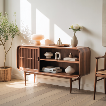 Solid Wood Console Table with Sliding Door – Handcrafted Mid-Century Storage Cabinet Lynnsnail