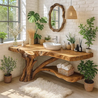 Handcrafted Solid Wood Bathroom Vanity with Natural Tree Trunk Base and Live Edge Design Lynnsnail
