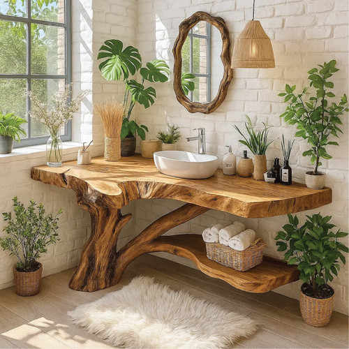 Handcrafted Solid Wood Bathroom Vanity with Natural Tree Trunk Base and Live Edge Design Lynnsnail