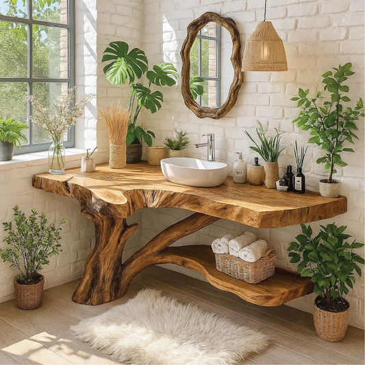 Handcrafted Solid Wood Bathroom Vanity with Natural Tree Trunk Base and Live Edge Design Lynnsnail