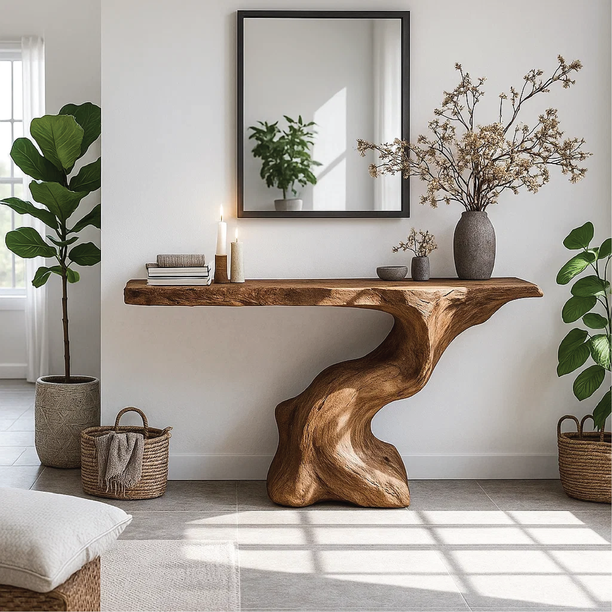 Handcrafted Solid Wood Console Table with Organic Sculpted Base and Natural Live Edge Design Lynnsnail