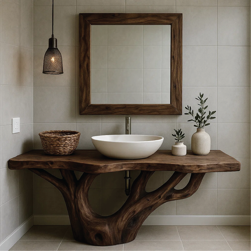 Handcrafted Solid Wood Bathroom Vanity with Organic Tree-Inspired Base and Natural Finish Lynnsnail