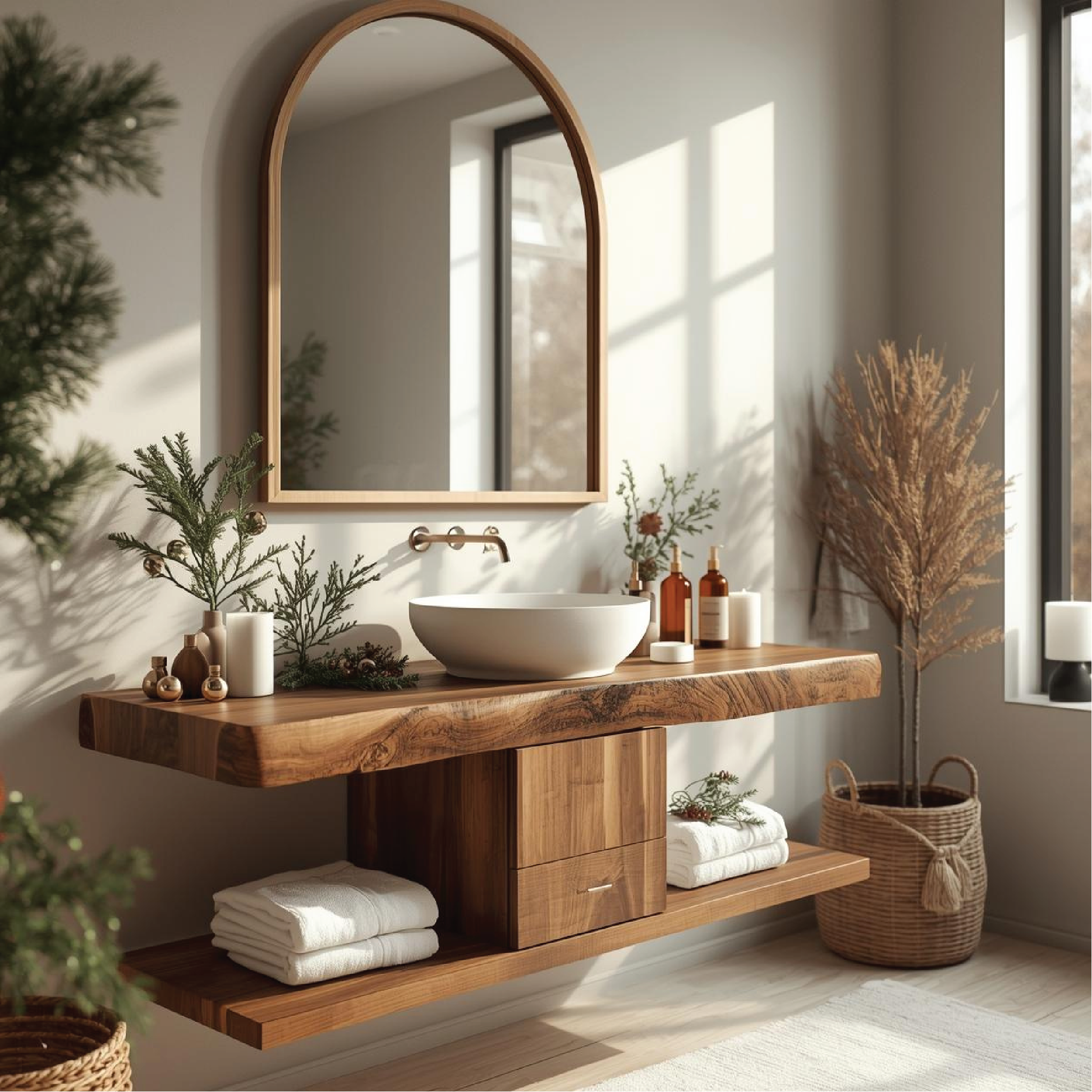 Handcrafted Solid Wood Floating Bathroom Vanity with Center Drawer and Natural Live Edge Top Lynnsnail