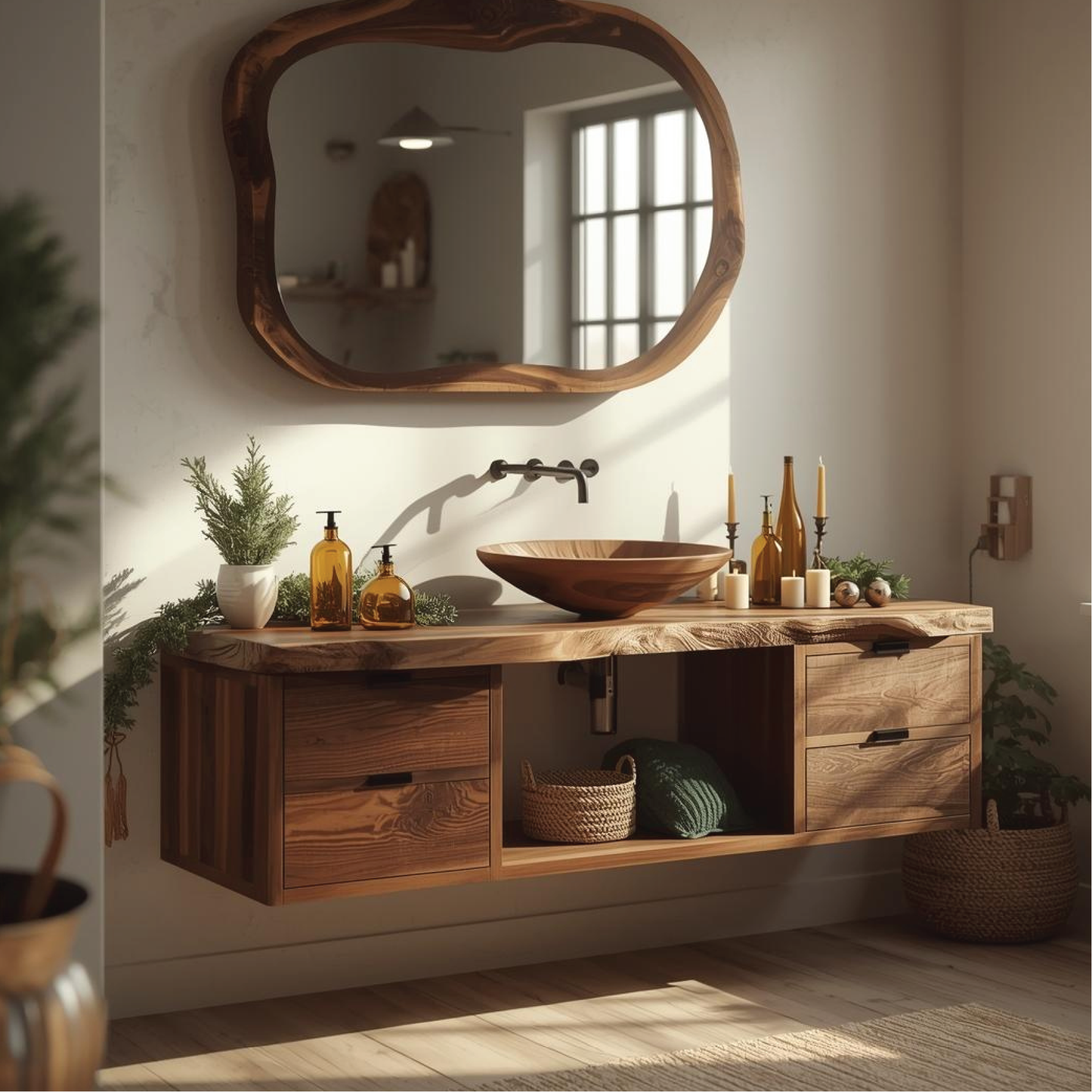 Handcrafted Solid Wood Floating Bathroom Vanity with Live Edge Countertop and Natural Mirror Lynnsnail
