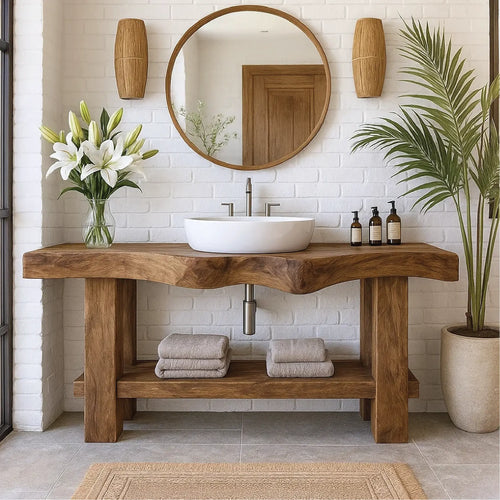 Handcrafted Solid Wood Bathroom Vanity with Organic Curved Edge and Open Shelf for Modern Homes Lynnsnail