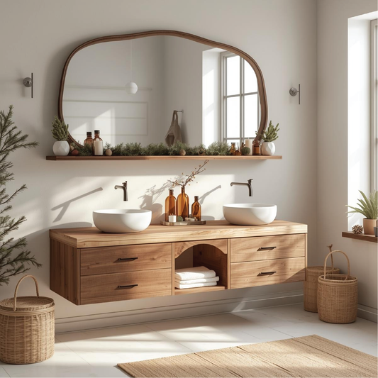 Handcrafted Solid Wood Floating Double Sink Vanity with Drawers and Natural Finish for Bathroom Lynnsnail