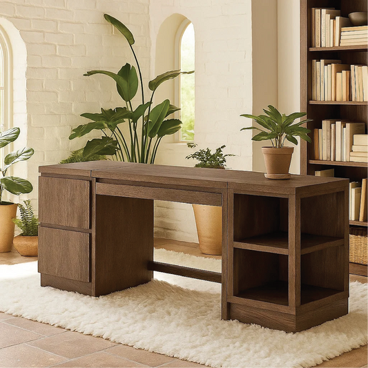 Handcrafted Solid Wood Work Desk – Modern Office Table with Storage Drawers and Open Shelves