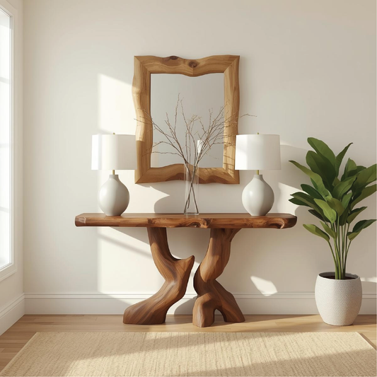 Handcrafted Solid Wood Console Table with Artistic Curved Base and Natural Live Edge Design Lynnsnail