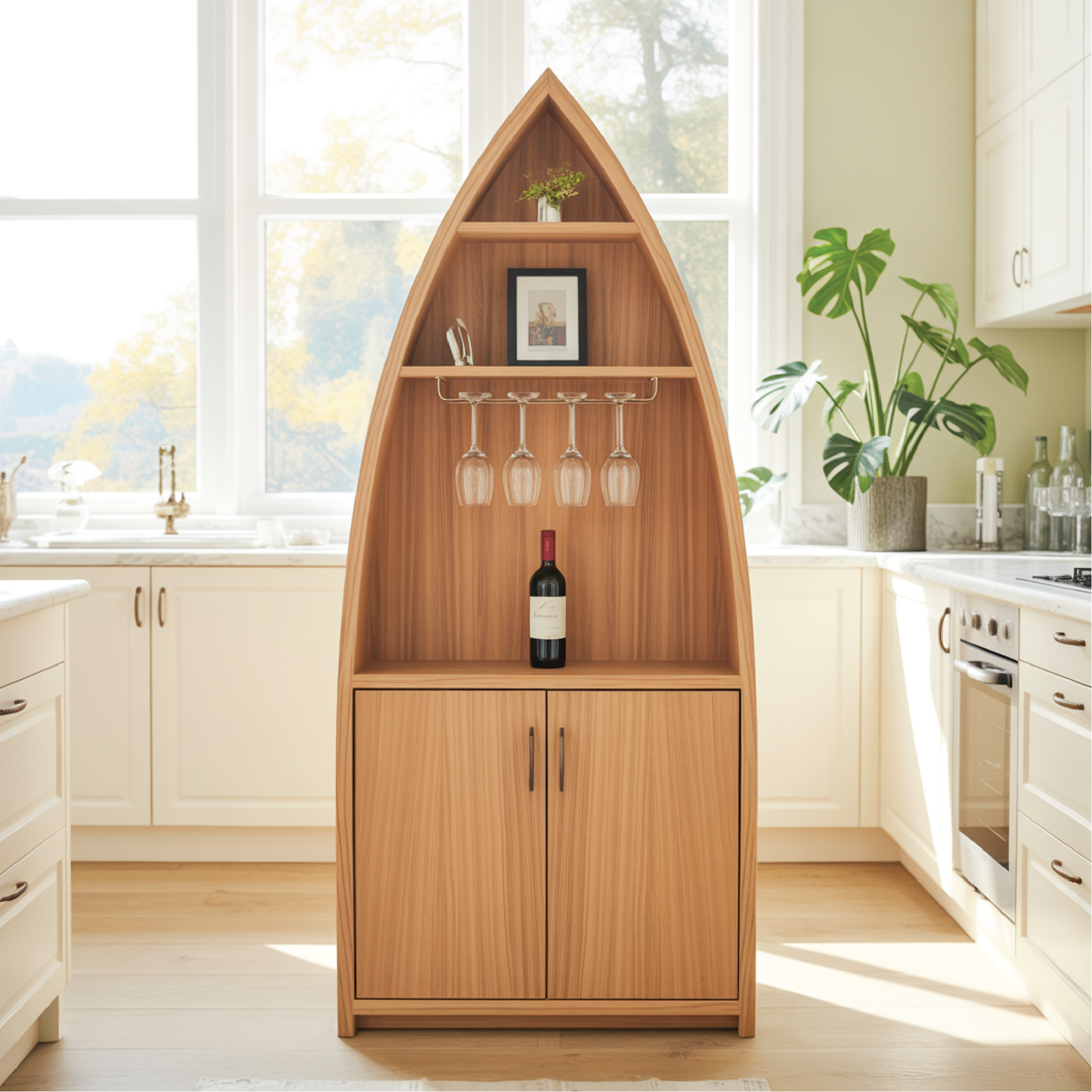 Handcrafted Solid Wood Dining Cabinet with Boat-Shaped Design, Glass Holder and Lower Storage Lynnsnail