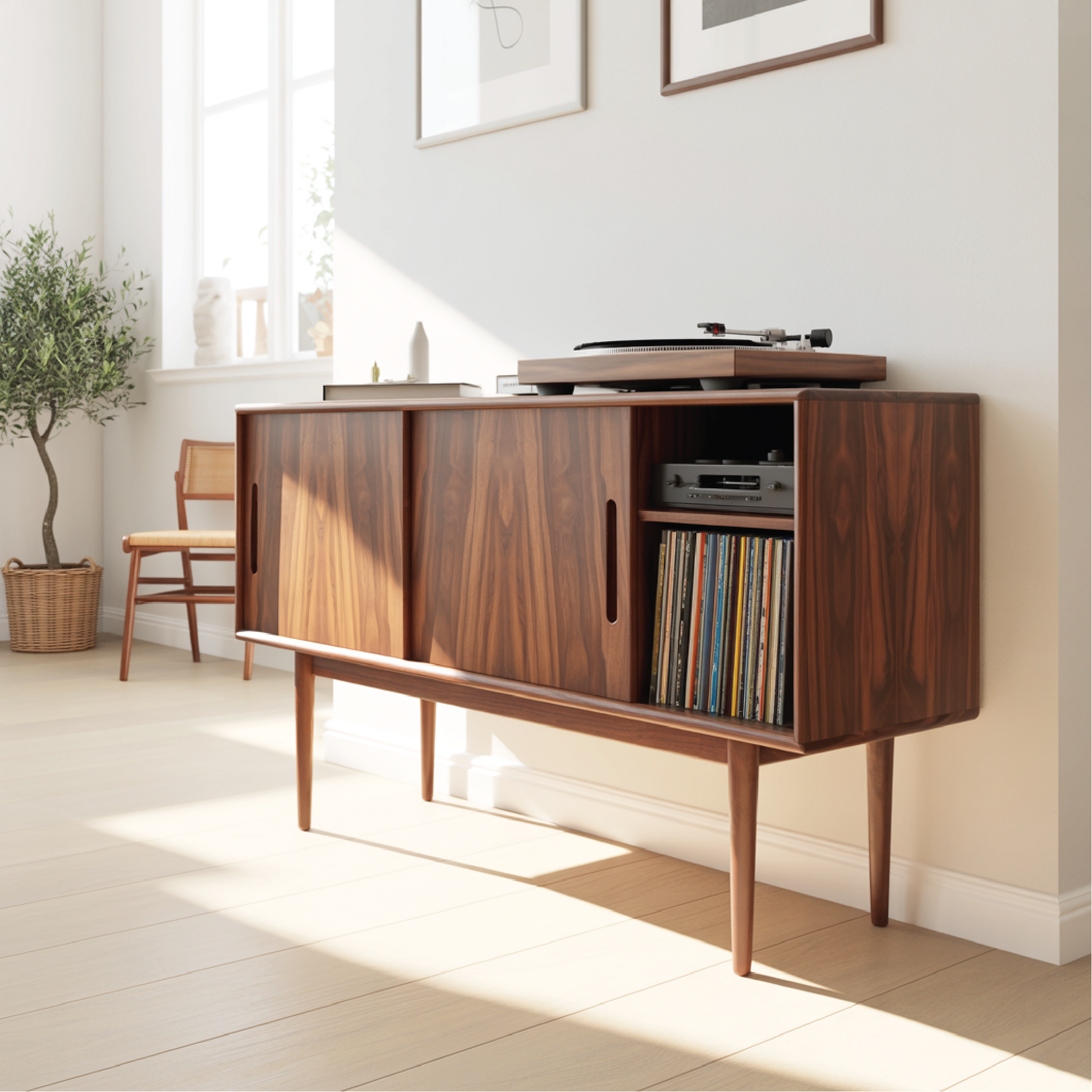 Solid Wood Console Table with Sliding Doors – Mid-Century Style Storage Cabinet for Living Room Lynnsnail