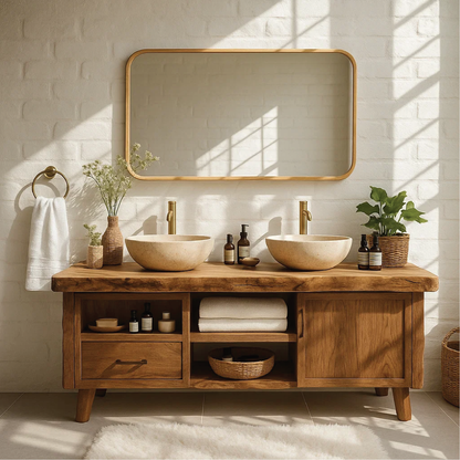 Handcrafted Solid Wood Double Bathroom Vanity with Live Edge Countertop and Modern Legs Lynnsnail