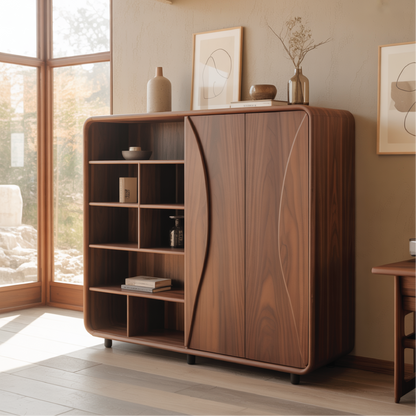 Handcrafted Solid Wood Dining Cabinet with Open Shelves and Curved Door Design for Modern Homes Lynnsnail