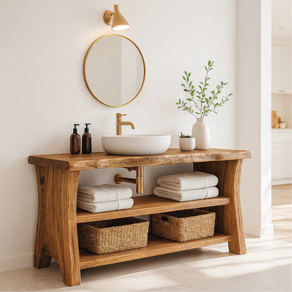 Handcrafted Solid Wood Bathroom Vanity with Live Edge Design and Open Shelf Bathroom Storage Lynnsnail