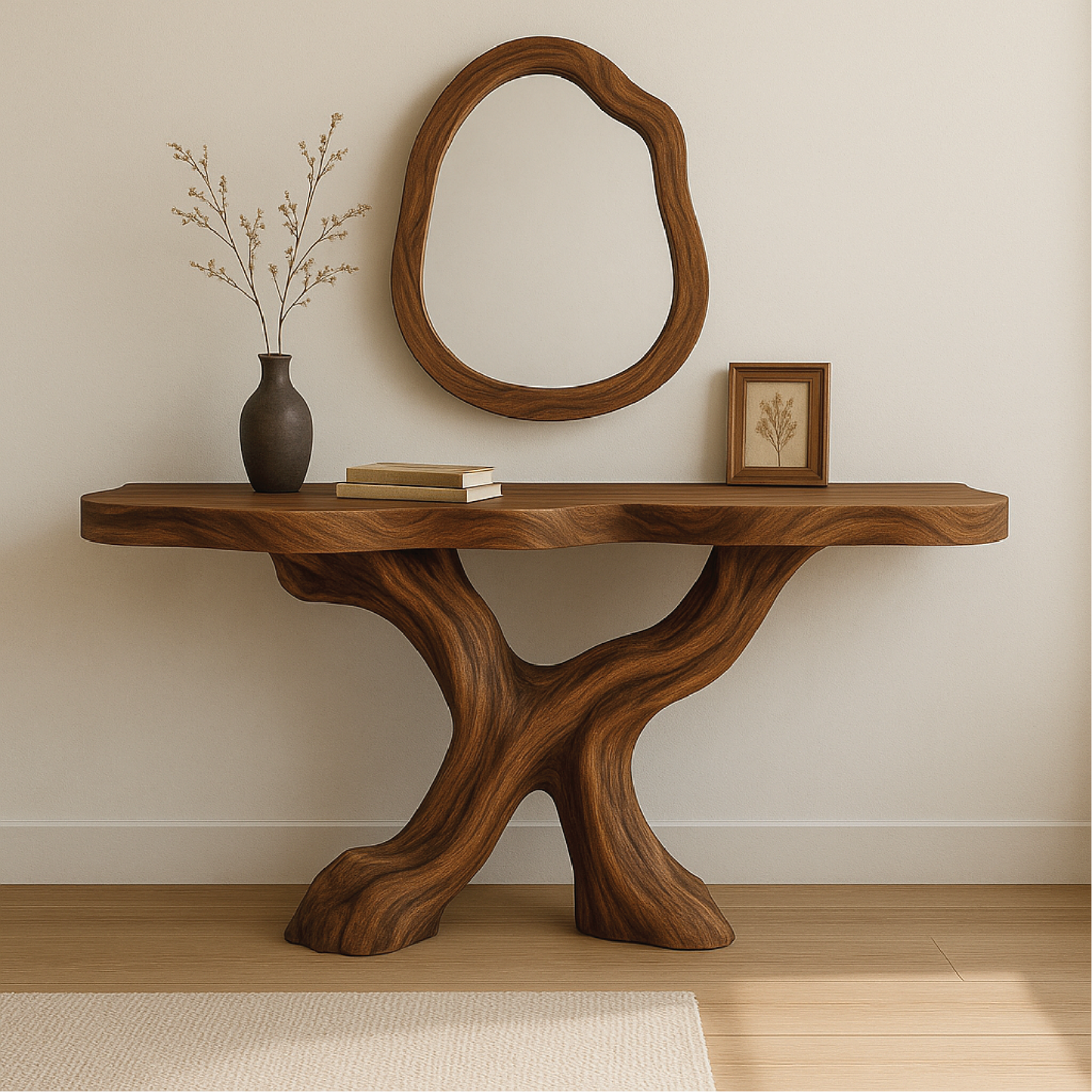Handcrafted Solid Wood Console Table with Organic Flowing Base and Smooth Natural Finish Lynnsnail