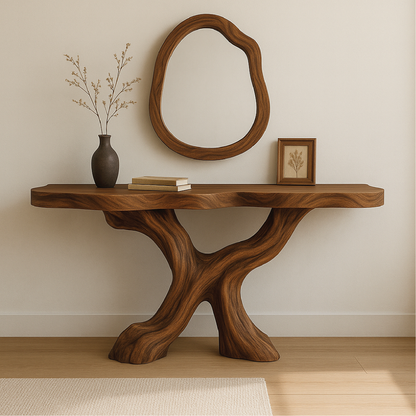Handcrafted Solid Wood Console Table with Organic Flowing Base and Smooth Natural Finish Lynnsnail