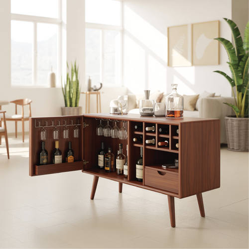 Solid Wood Wine Storage Cabinet with Glass Holders, Bottle Racks and Modern Mid-Century Design Lynnsnail