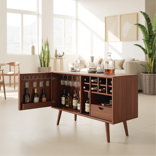 Solid Wood Wine Storage Cabinet with Glass Holders, Bottle Racks and Modern Mid-Century Design Lynnsnail