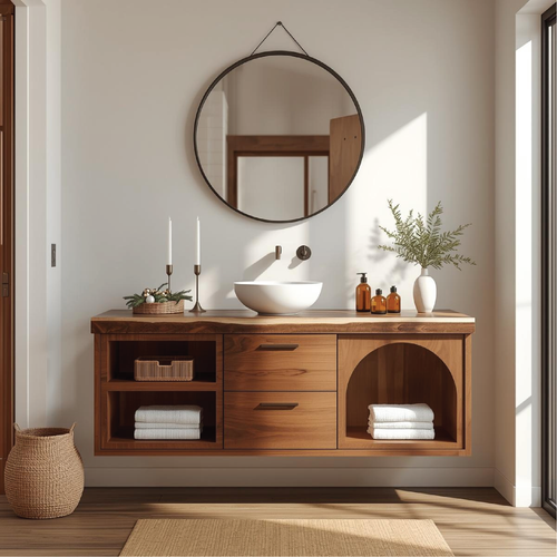 Handcrafted Solid Wood Floating Vanity with Arched Shelves and Contemporary Natural Finish Lynnsnail
