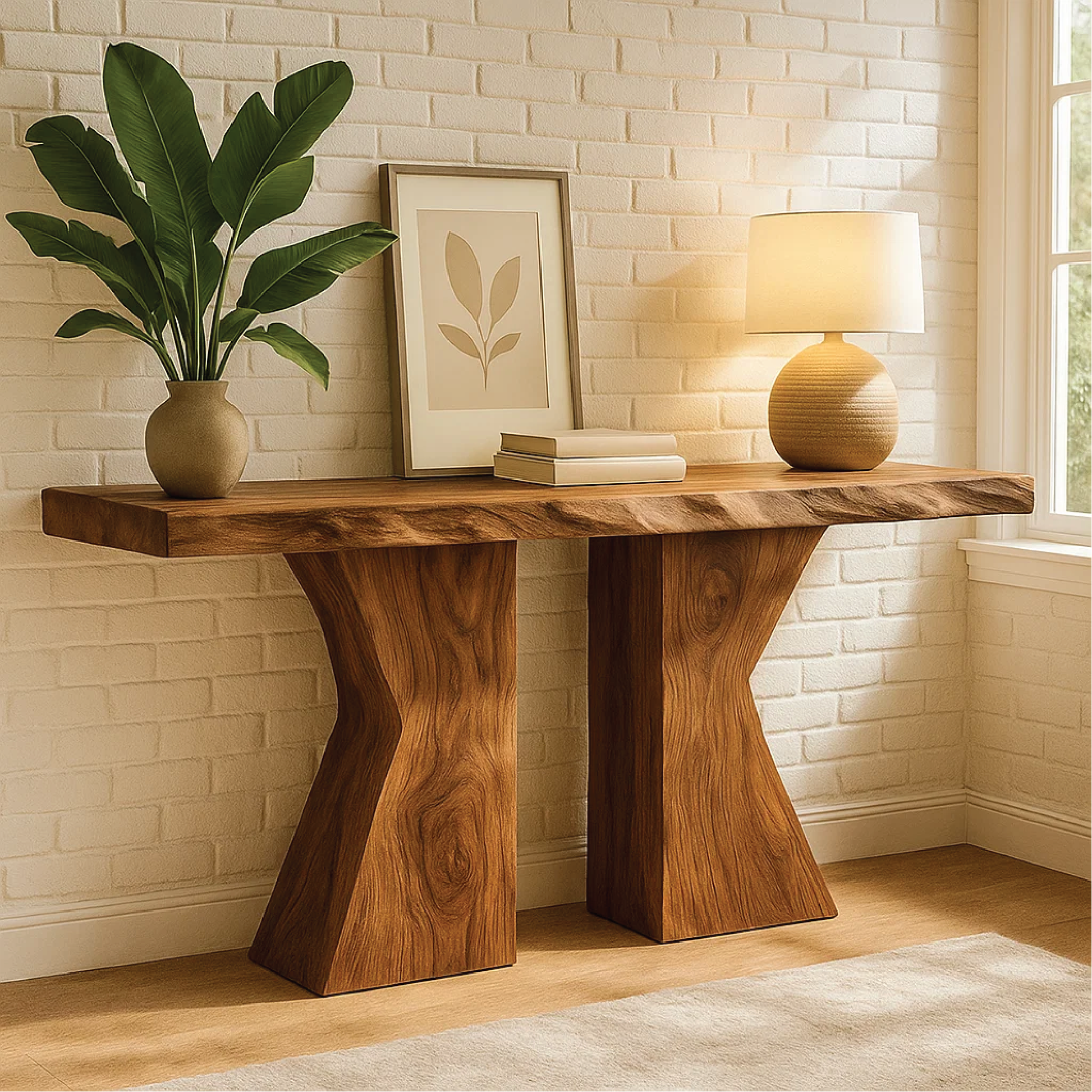 Handcrafted Solid Wood Console Table with Sculptural Base and Natural Live Edge Design Lynnsnail