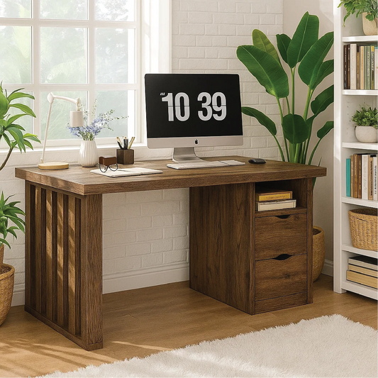 Handcrafted Solid Wood Work Desk – Modern Office Table with Storage Drawers and Natural Finish