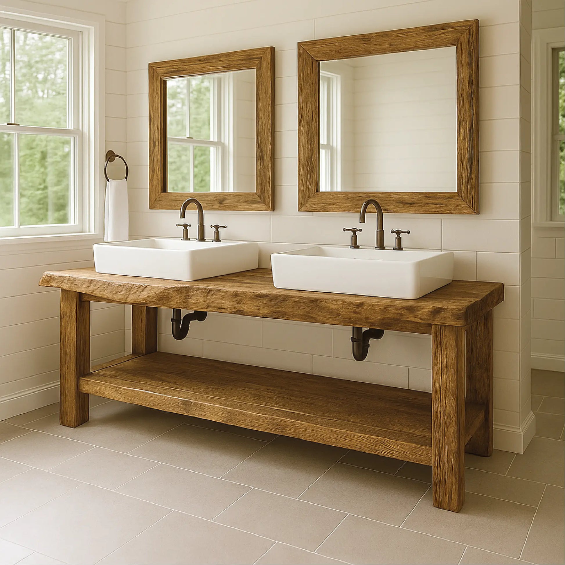Handcrafted Double Sink Solid Wood Bathroom Vanity with Natural Finish for Modern Rustic Spaces Lynnsnail