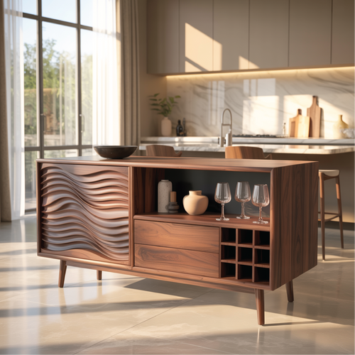 Handcrafted Solid Wood Dining Cabinet with Wave Carved Door, Open Display Shelf and Wine Storage Lynnsnail