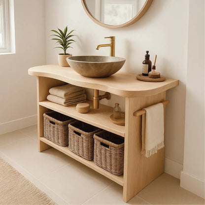 Handcrafted Solid Wood Bathroom Vanity with Curved Edge Design and Open Shelves for Modern Spaces Lynnsnail