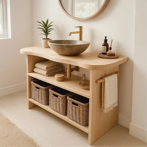 Handcrafted Solid Wood Bathroom Vanity with Curved Edge Design and Open Shelves for Modern Spaces Lynnsnail