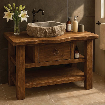Handcrafted Solid Wood Bathroom Vanity with Drawer and Shelves for Rustic Natural Interior Design Lynnsnail