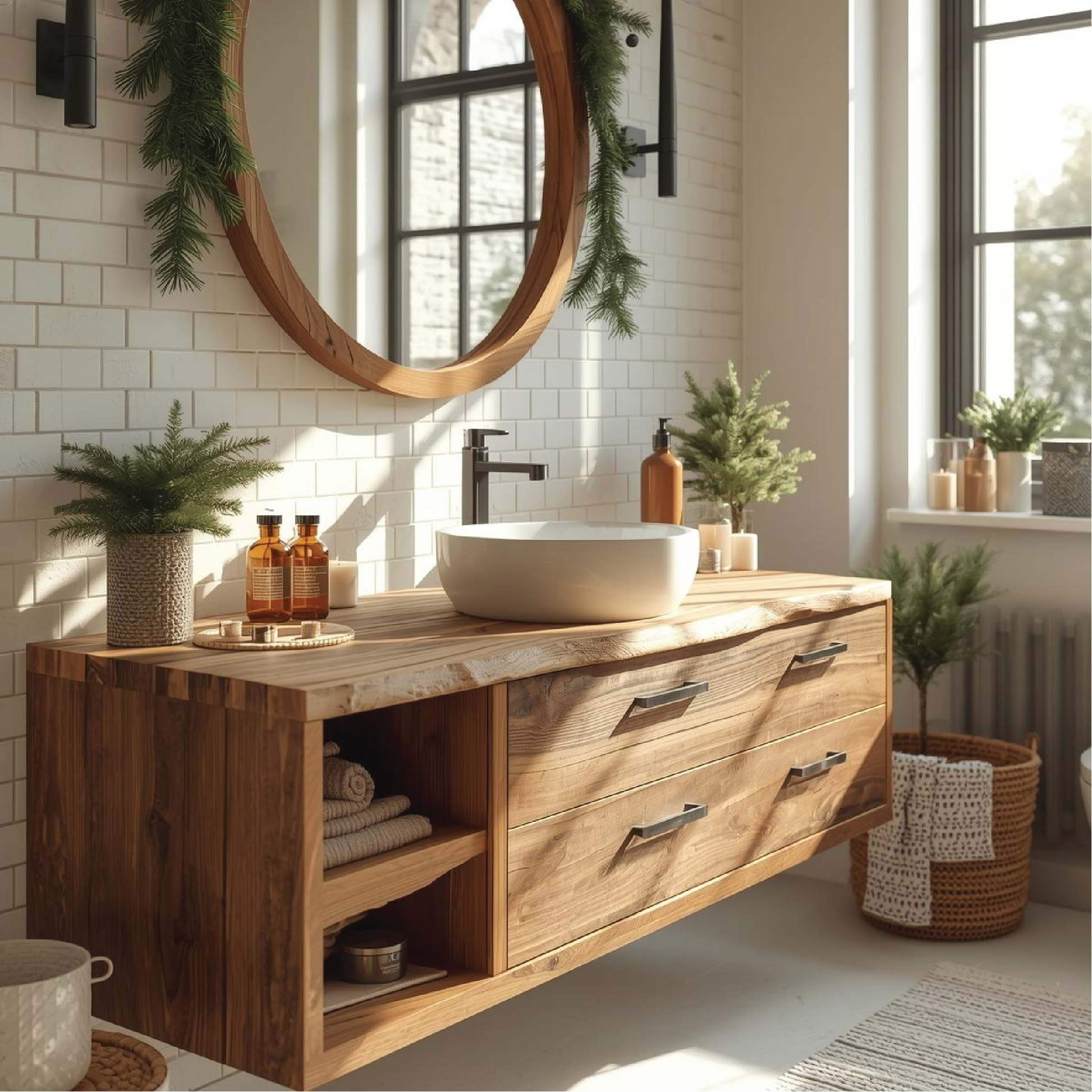 Handcrafted Solid Wood Floating Bathroom Vanity with Drawers and Natural Live Edge Countertop Lynnsnail