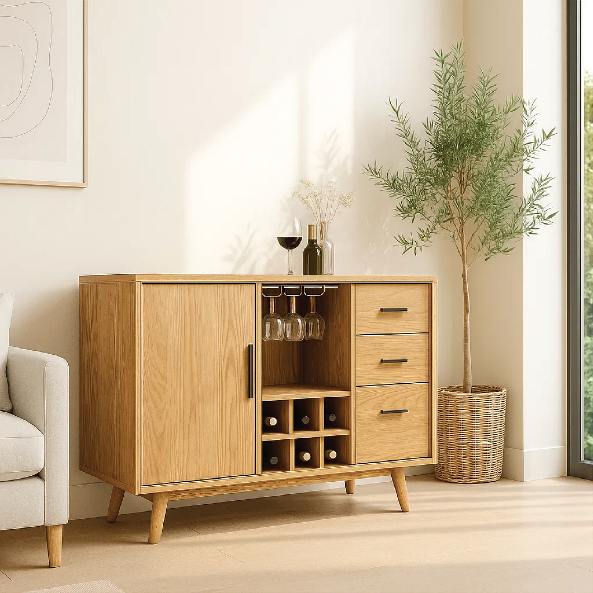 Solid Wood Wine Storage Cabinet with Bottle Rack, Glass Holders and Drawers for Modern Homes Lynnsnail