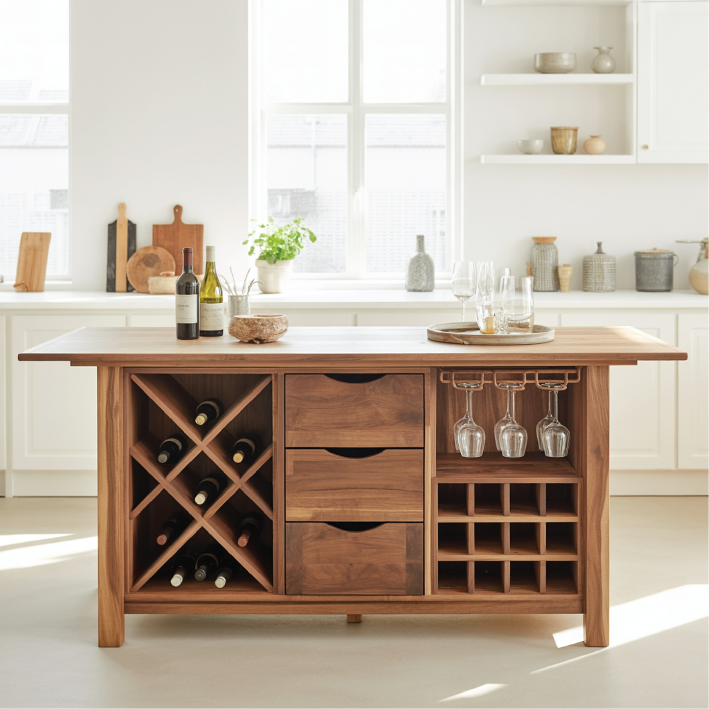 Handcrafted Solid Wood Dining Cabinet with Wine Storage, Drawers, and Hanging Glass Rack Lynnsnail