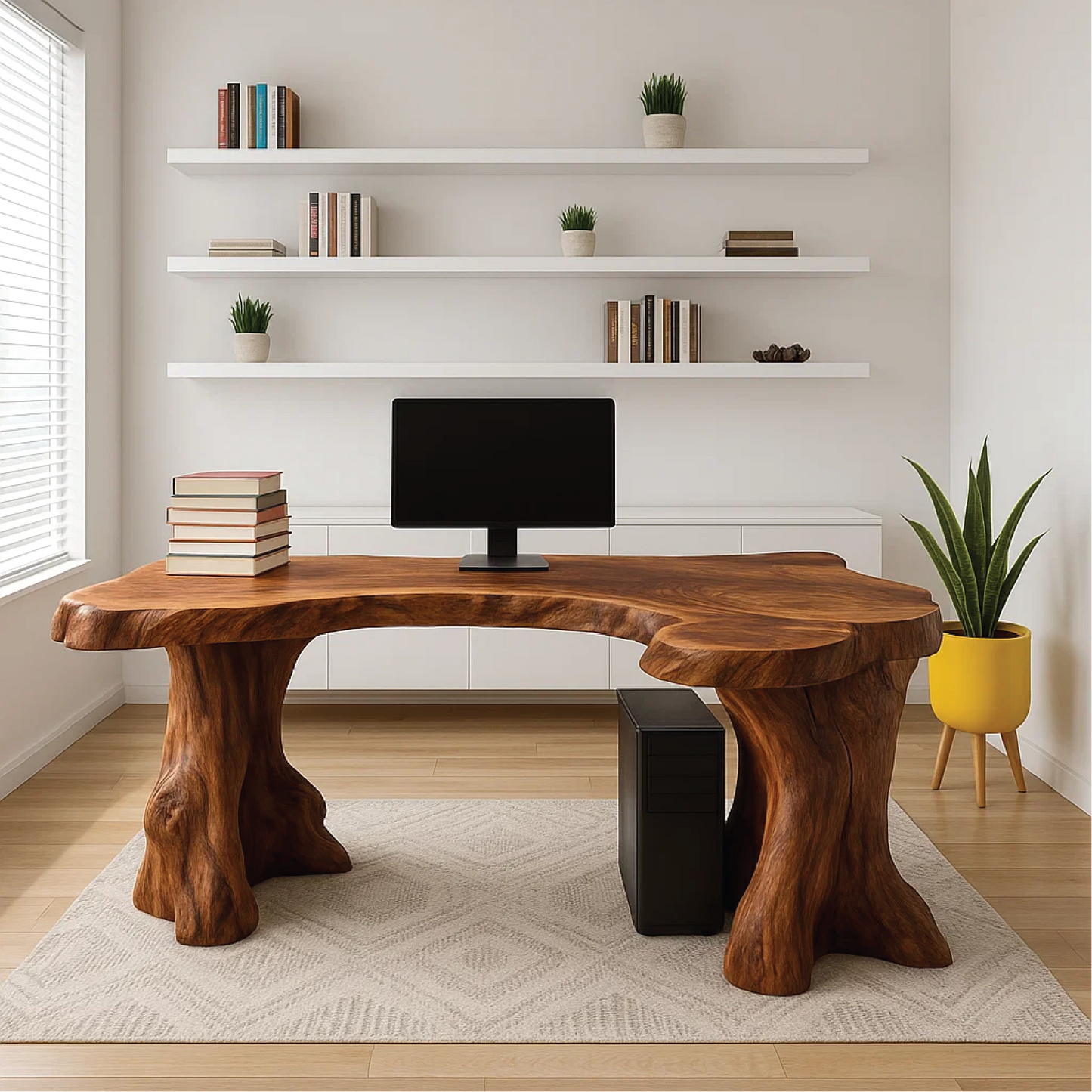 Handcrafted Solid Wood Executive Desk – Live Edge Office Table with Natural Tree Trunk Base Design