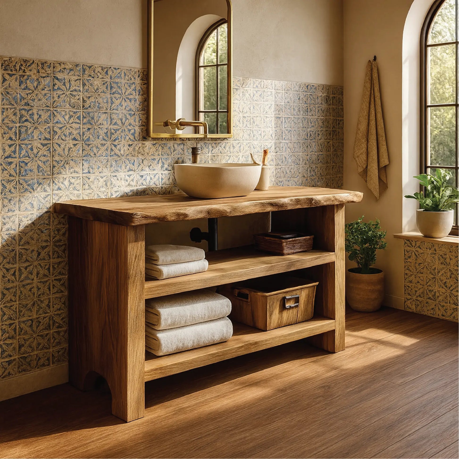 Handcrafted Solid Wood Bathroom Vanity with Live Edge Design and Rustic Open Shelf Storage Lynnsnail