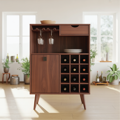 Handcrafted Solid Wood Dining Cabinet with Wine Rack, Glass Holder, Drawer and Storage Door Lynnsnail