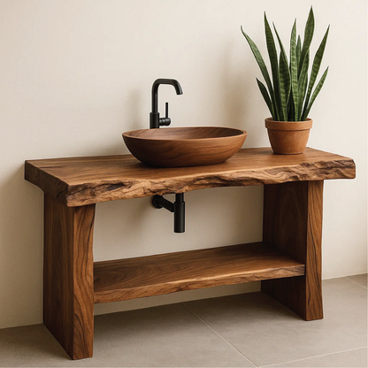 Handcrafted Live Edge Solid Wood Bathroom Vanity with Natural Finish and Open Storage Shelf Lynnsnail