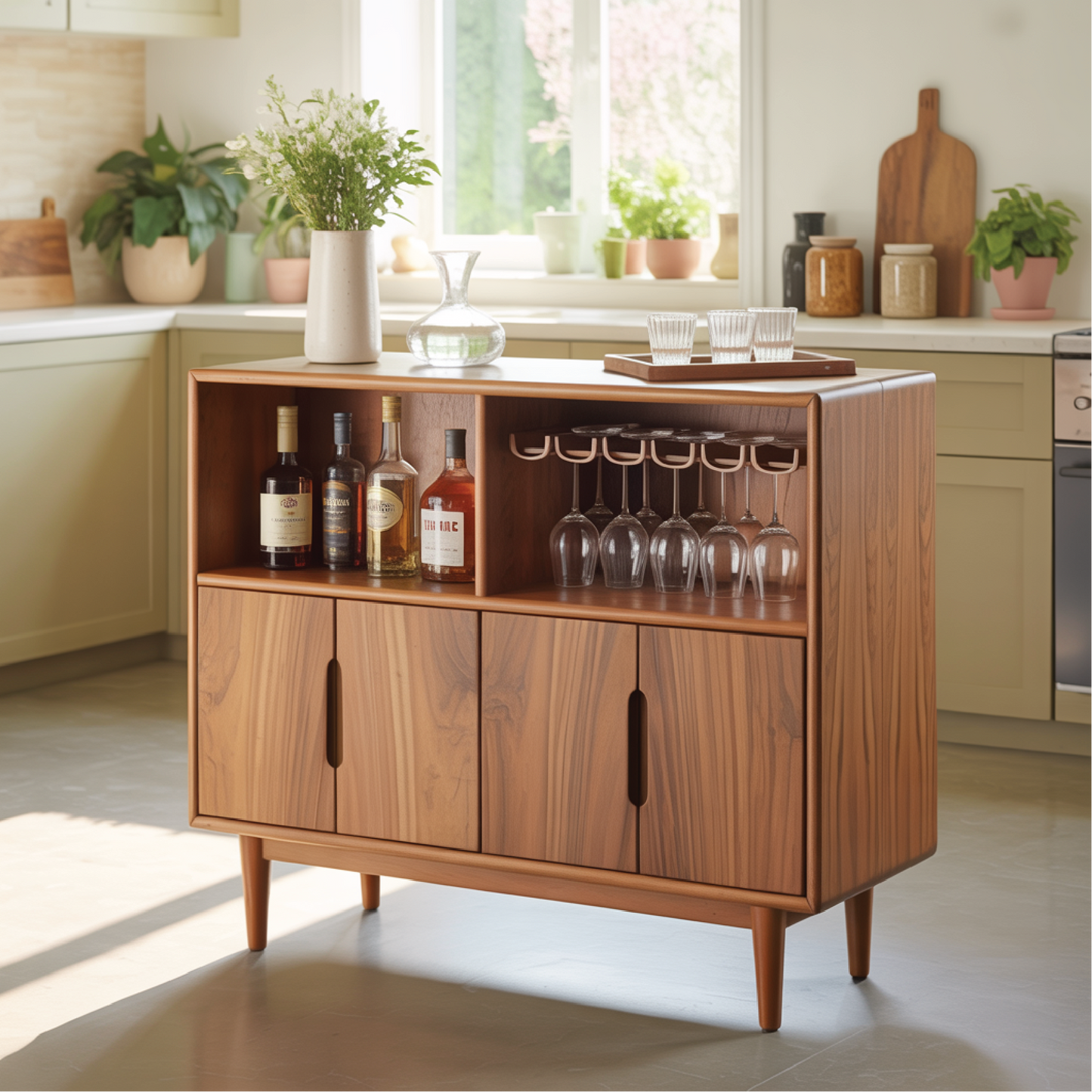 Handcrafted Solid Wood Dining Cabinet with Wine Storage and Hanging Glass Rack Lynnsnail