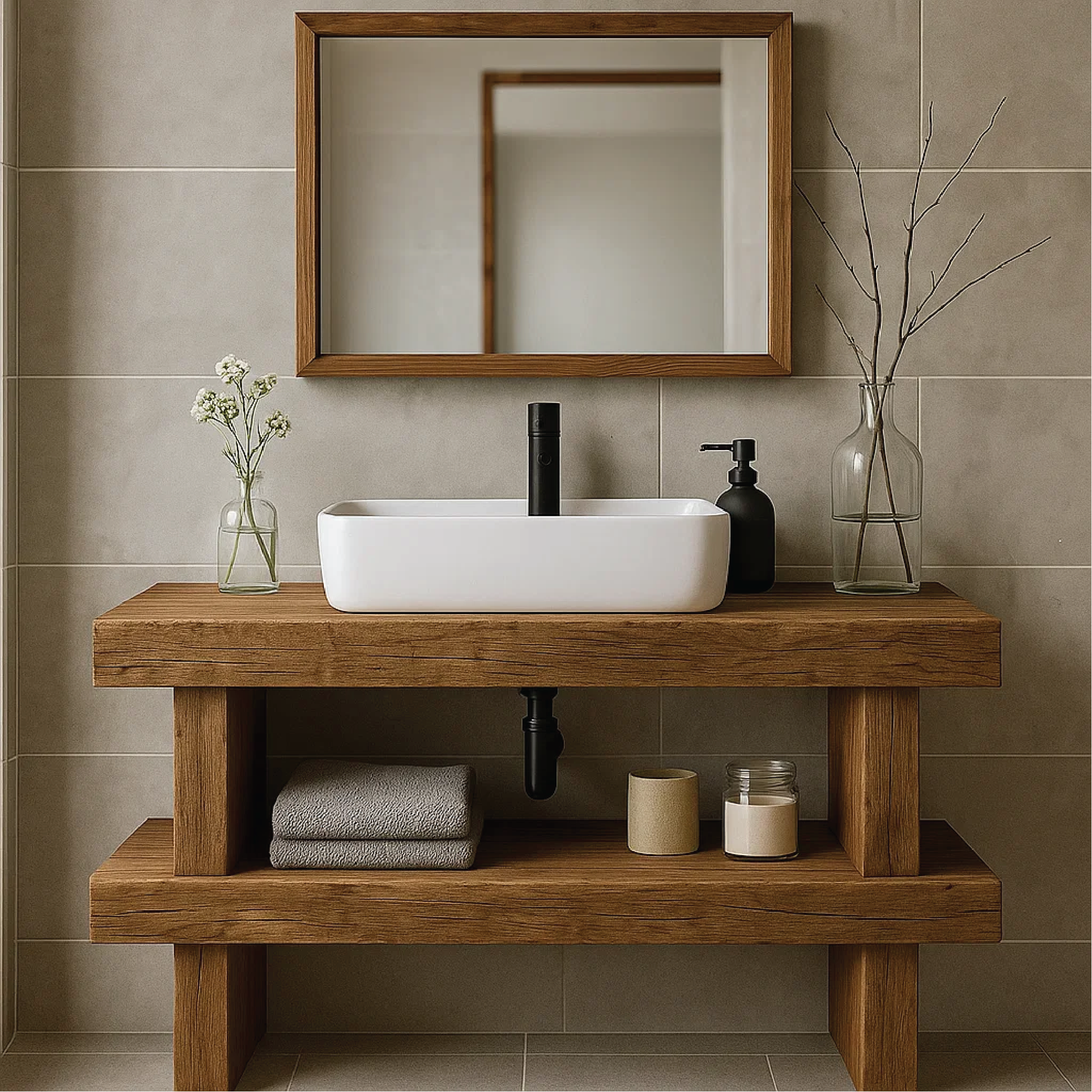Minimalist Handcrafted Solid Wood Bathroom Vanity with Open Shelf and Modern Rustic Design Lynnsnail