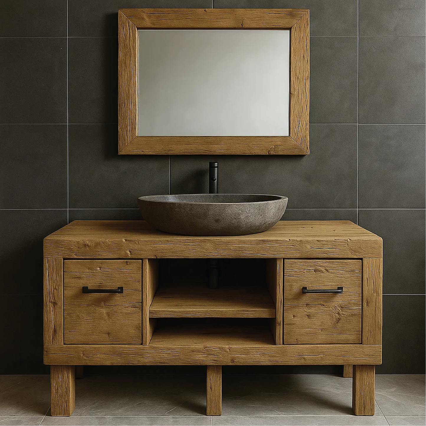 Modern Rustic Handcrafted Solid Wood Bathroom Vanity with Storage Drawers and Open Shelves Lynnsnail