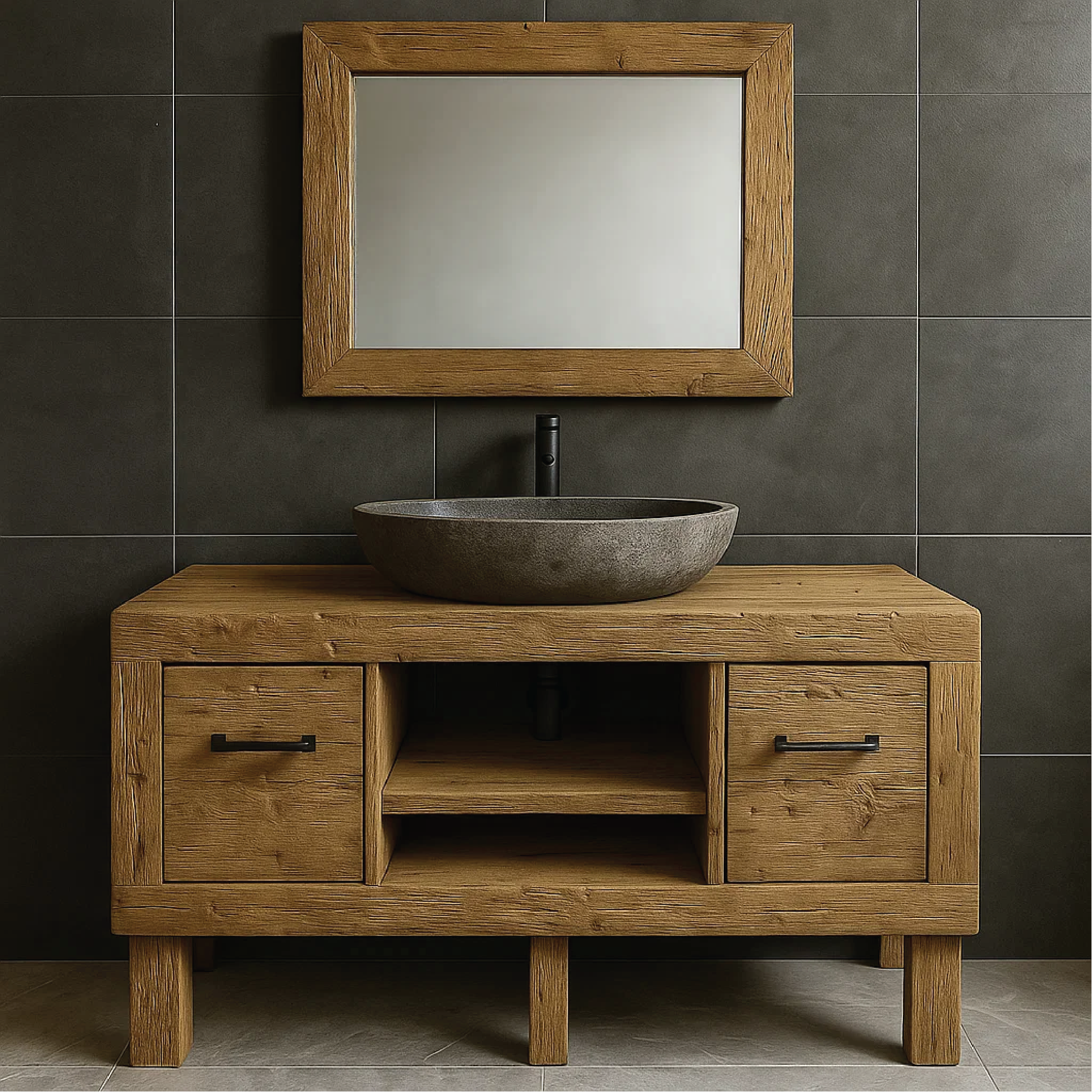 Modern Rustic Handcrafted Solid Wood Bathroom Vanity with Storage Drawers and Open Shelves Lynnsnail