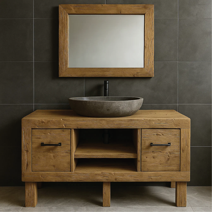 Modern Rustic Handcrafted Solid Wood Bathroom Vanity with Storage Drawers and Open Shelves Lynnsnail
