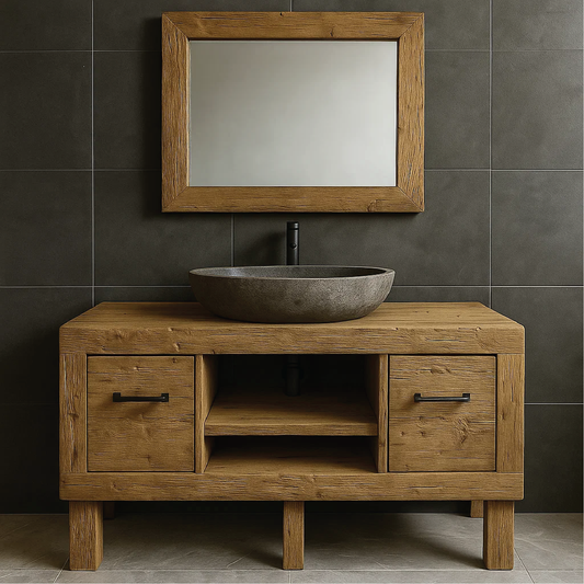 Modern Rustic Handcrafted Solid Wood Bathroom Vanity with Storage Drawers and Open Shelves Lynnsnail