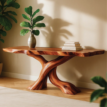 Handcrafted Solid Wood Tree Console Table with Twisted Base Design for Natural Modern Interiors Lynnsnail