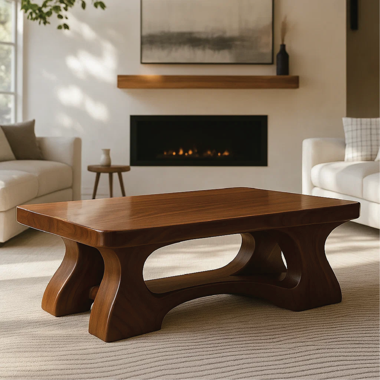 Handcrafted Solid Wood Coffee Table with Sculptural Curved Base and Smooth Polished Finish Lynnsnail