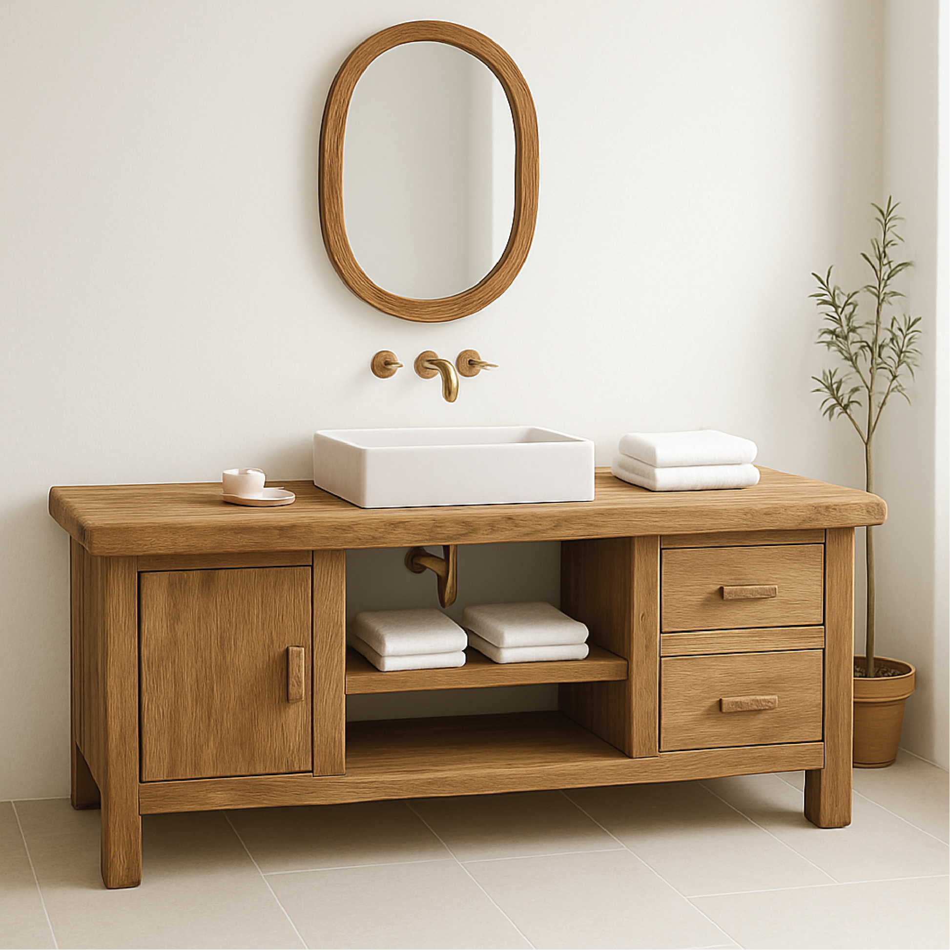 Handcrafted Solid Wood Bathroom Vanity with Drawers and Cabinet in Minimalist Natural Finish Lynnsnail