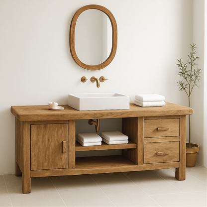 Handcrafted Solid Wood Bathroom Vanity with Drawers and Cabinet in Minimalist Natural Finish Lynnsnail