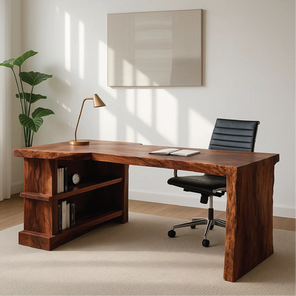 Handcrafted Solid Wood Executive Work Desk with Live-Edge Design and Built-In Open Shelving Lynnsnail